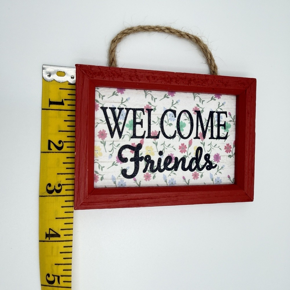 Rustic Welcome Friends Wooden Sign Floral Wall Decor Red Frame‎ Rope Hanging - Picture 8 of 10